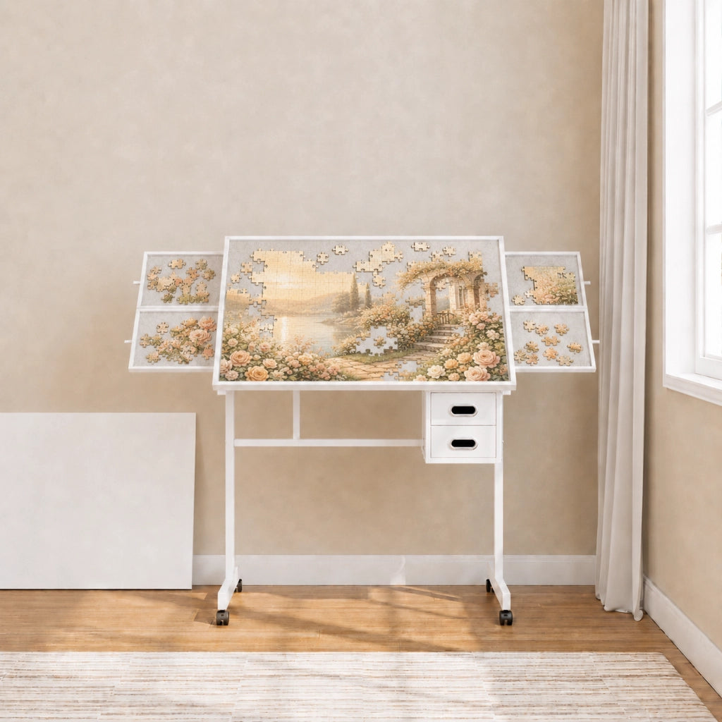 Tavolo per puzzle da 1000 pezzi in MDF e metallo bianco con copertura e ruote