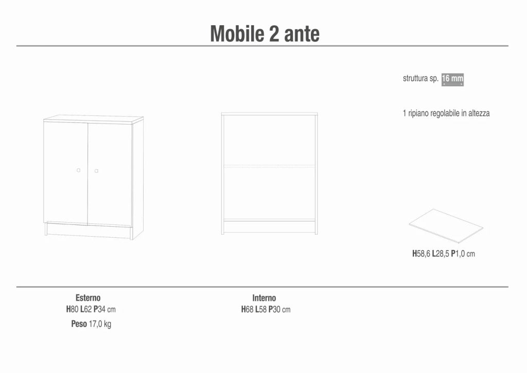 Armadietto mobile 2 ante 62x34x80H cm in kit di montaggio colore Olmo chiaro