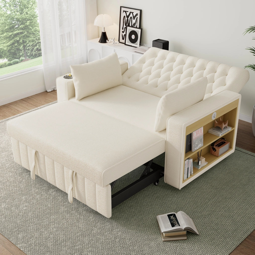 Divano letto 2 posti in ciniglia beige con schienale regolabile, USB, portabevande e 2 cuscini