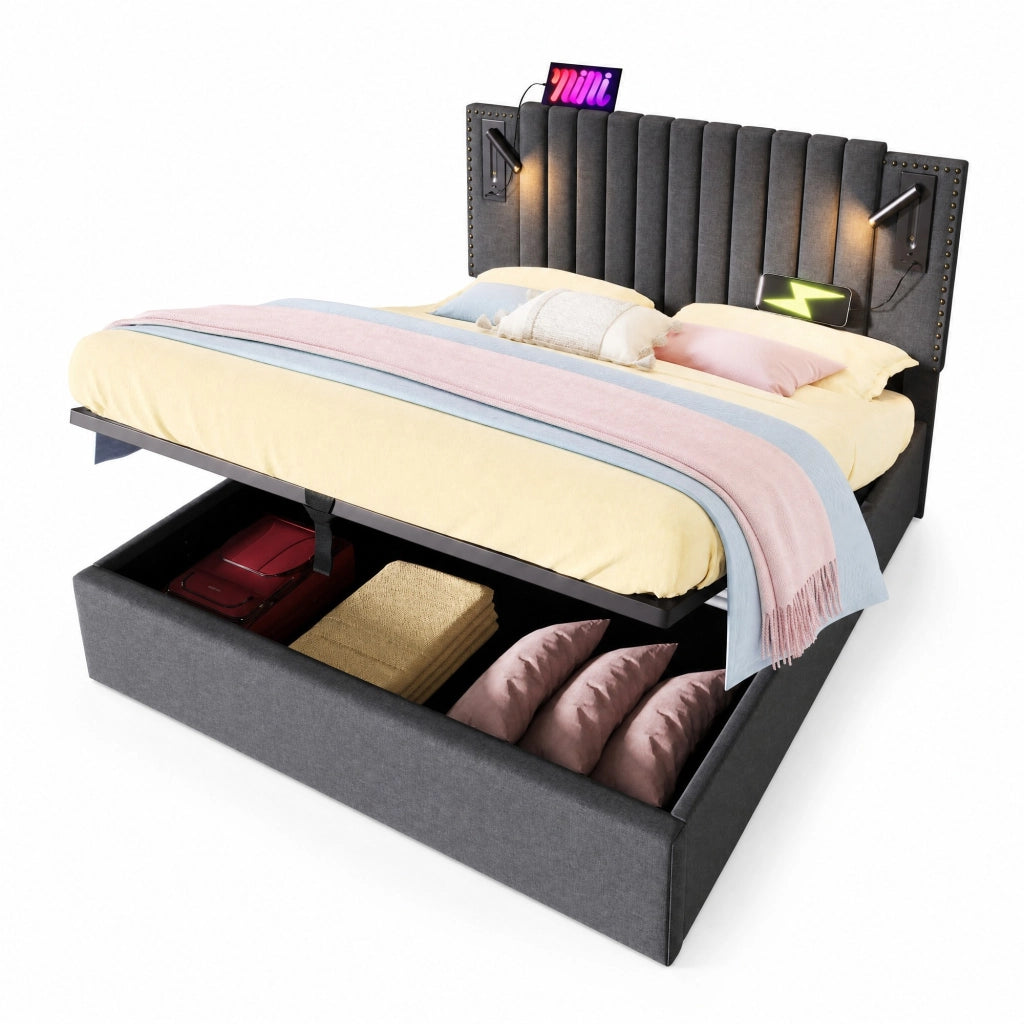 Letto matrimoniale 140x200 cm con contenitore; luce di lettura e USB; cotone grigio