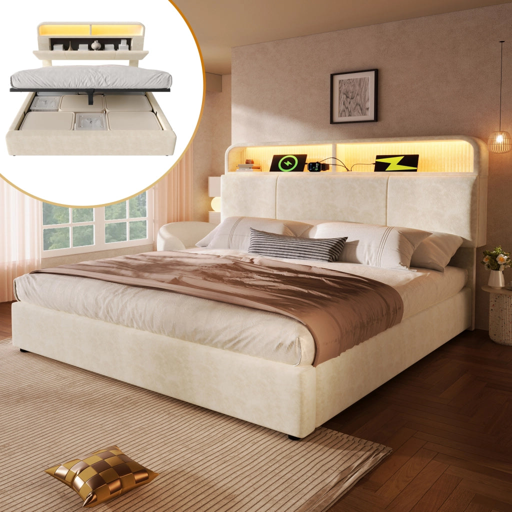 Letto Imbottito 140x200 cm Beige con Materasso H3; Contenitore Idraulico; LED e USB Type-C