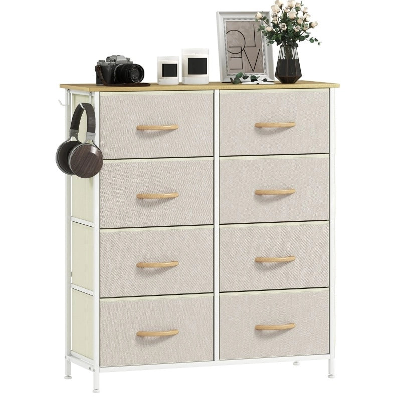 Comò con 8 cassetti in tessuto, struttura in acciaio e 4 tasche laterali beige, 86x30x94,5 cm