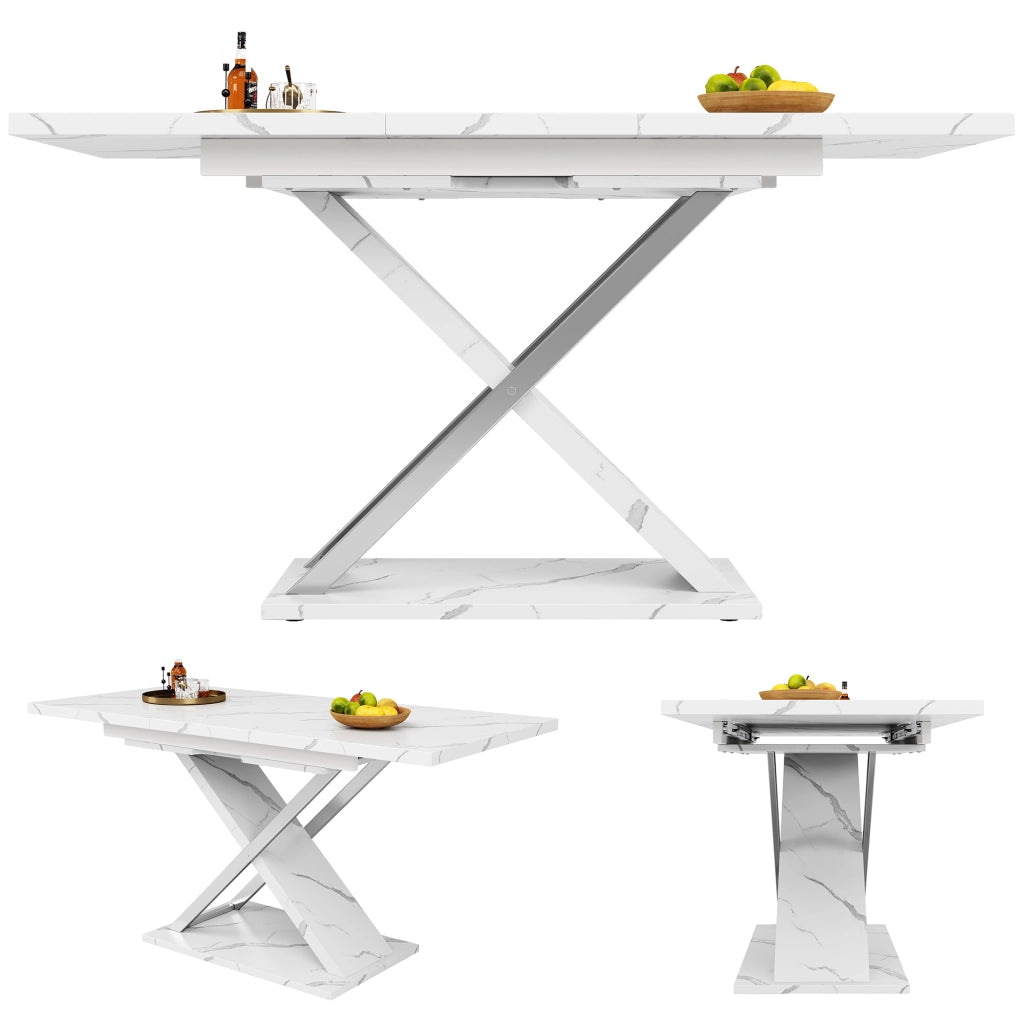 Tavolo allungabile da pranzo con piano effetto marmo e gambe incrociate bianco 118-157 × 75 × 76.4 cm
