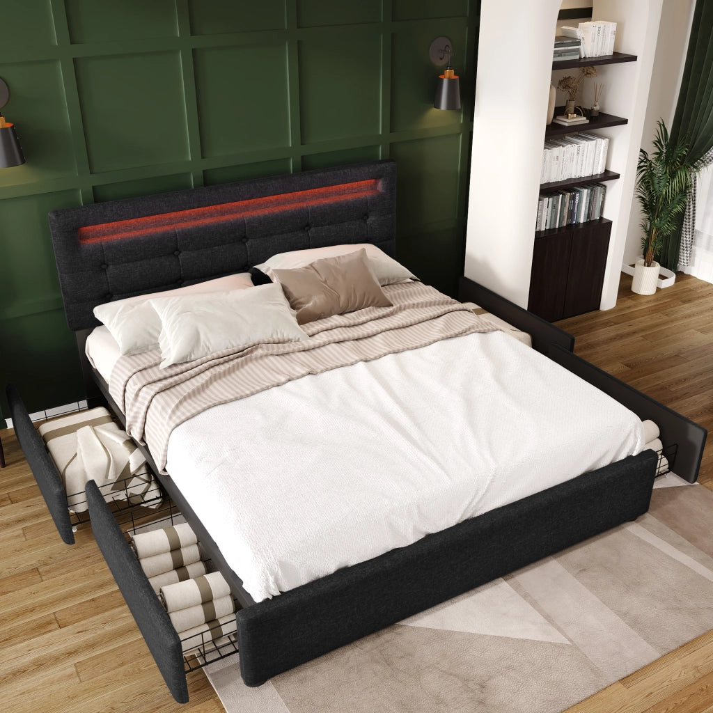 Letto matrimoniale 140 × 200 cm 2 posti con LED, 4 cassetti e testiera regolabile, senza materasso, nero