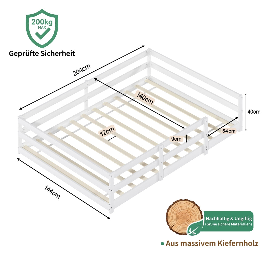 Letto singolo 140 × 200 cm con rete a doghe inclusa struttura bassa con barriera su 4 lati in legno bianco