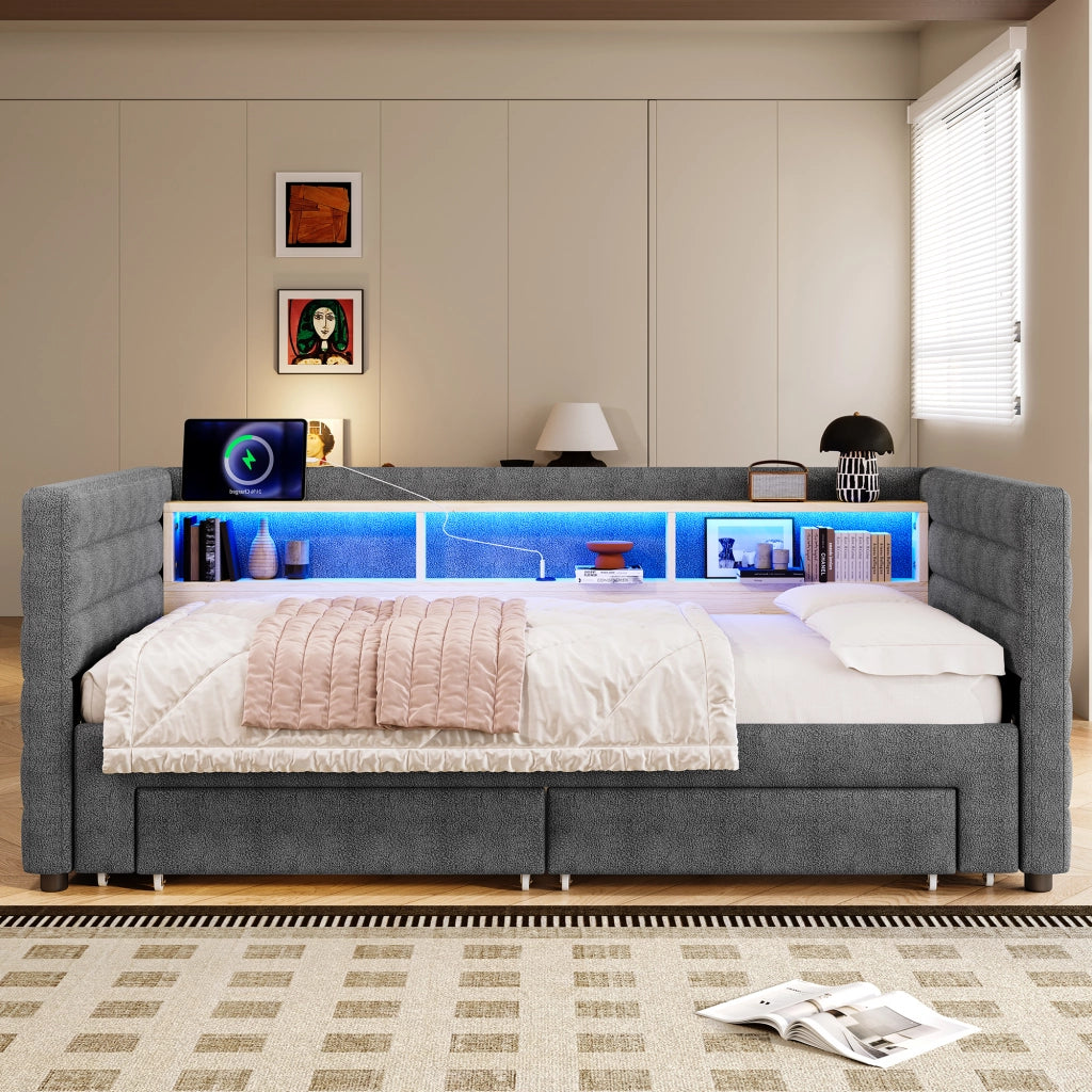 Letto divano singolo 90 × 190 cm estraibile; 2 cassetti; LED; USB e Type-C; senza materasso; in velluto grigio
