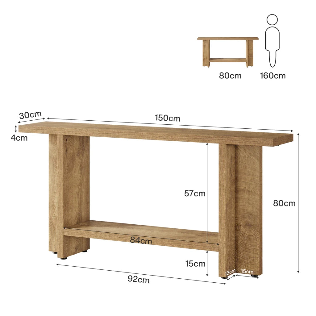 Consolle a due ripiani con struttura a T in MDF marrone per ingresso e soggiorno 150 × 30 × 80 cm