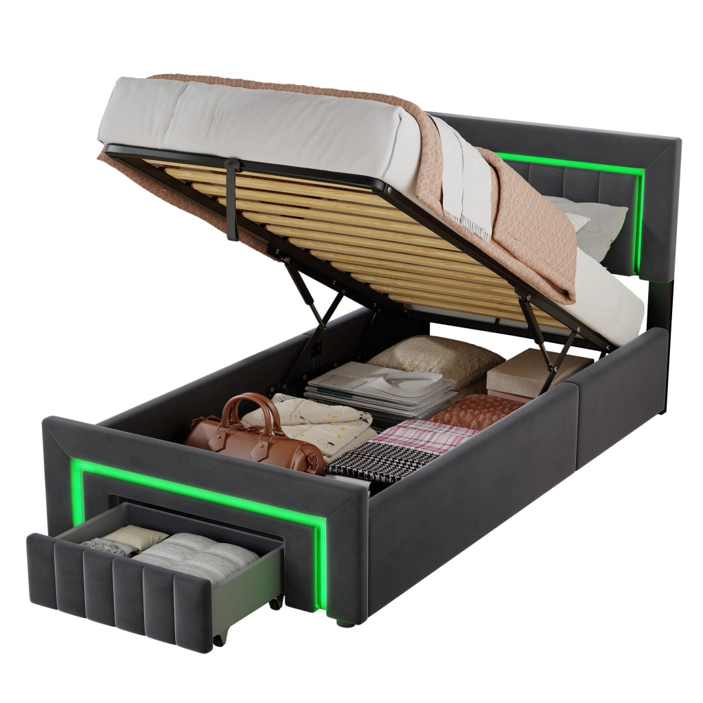 Letto imbottito grigio 90x190 cm con contenitore idraulico, LED e cassetto