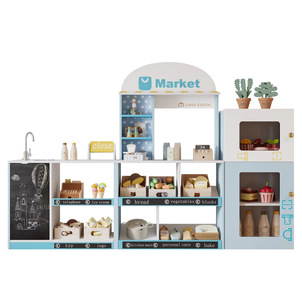 Negozio giocattolo 30x155x107,5 cm blu in MDF con lavagna