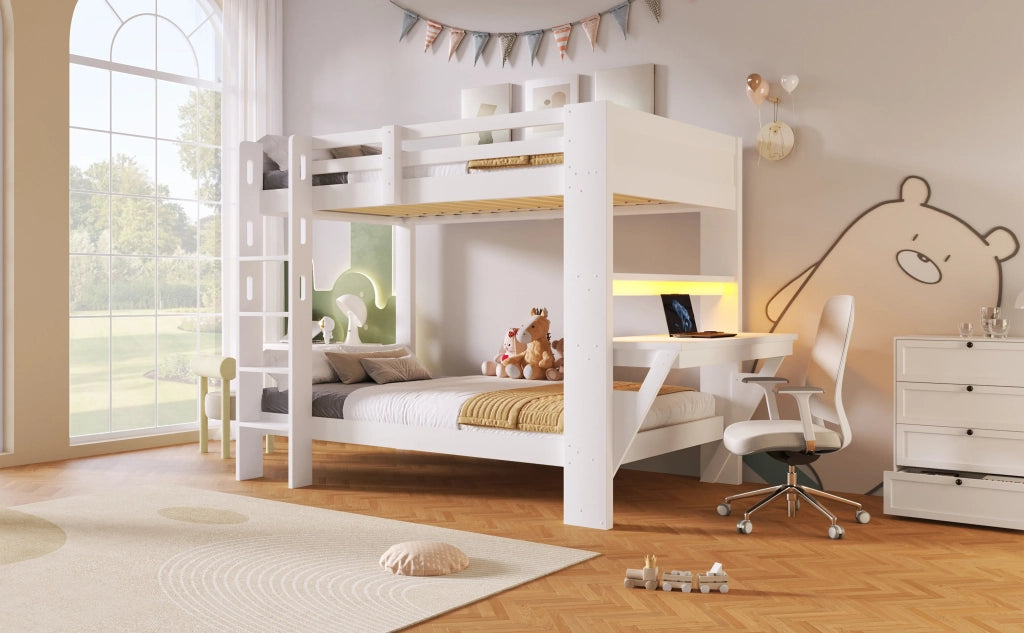 Letto a castello in legno di pino bianco, 90x200 cm, con scrivania, presa elettrica e striscia LED. Senza materasso.
