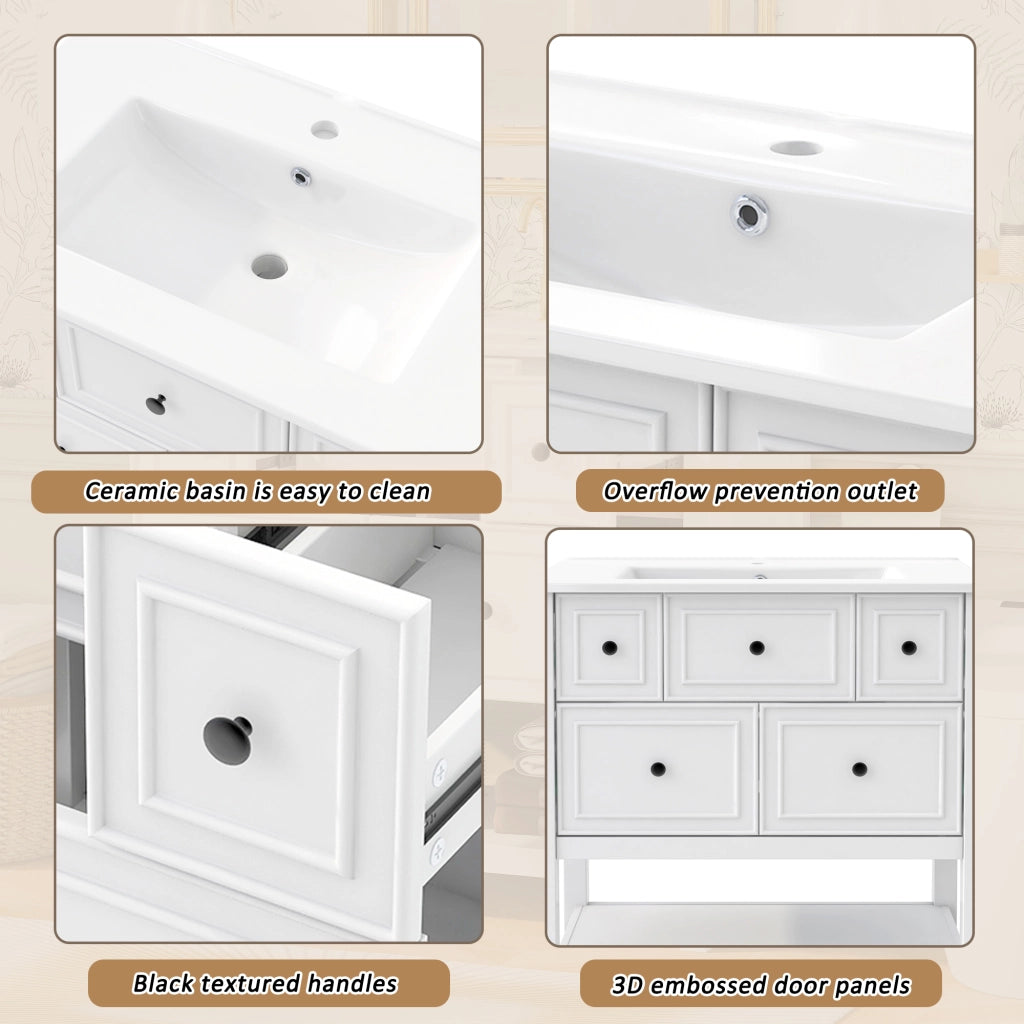 Mobiletto con lavabo a terra in ceramica e MDF con 5 cassetti vani aperti e troppo pieno bianco 76 × 46.5 × 82 cm