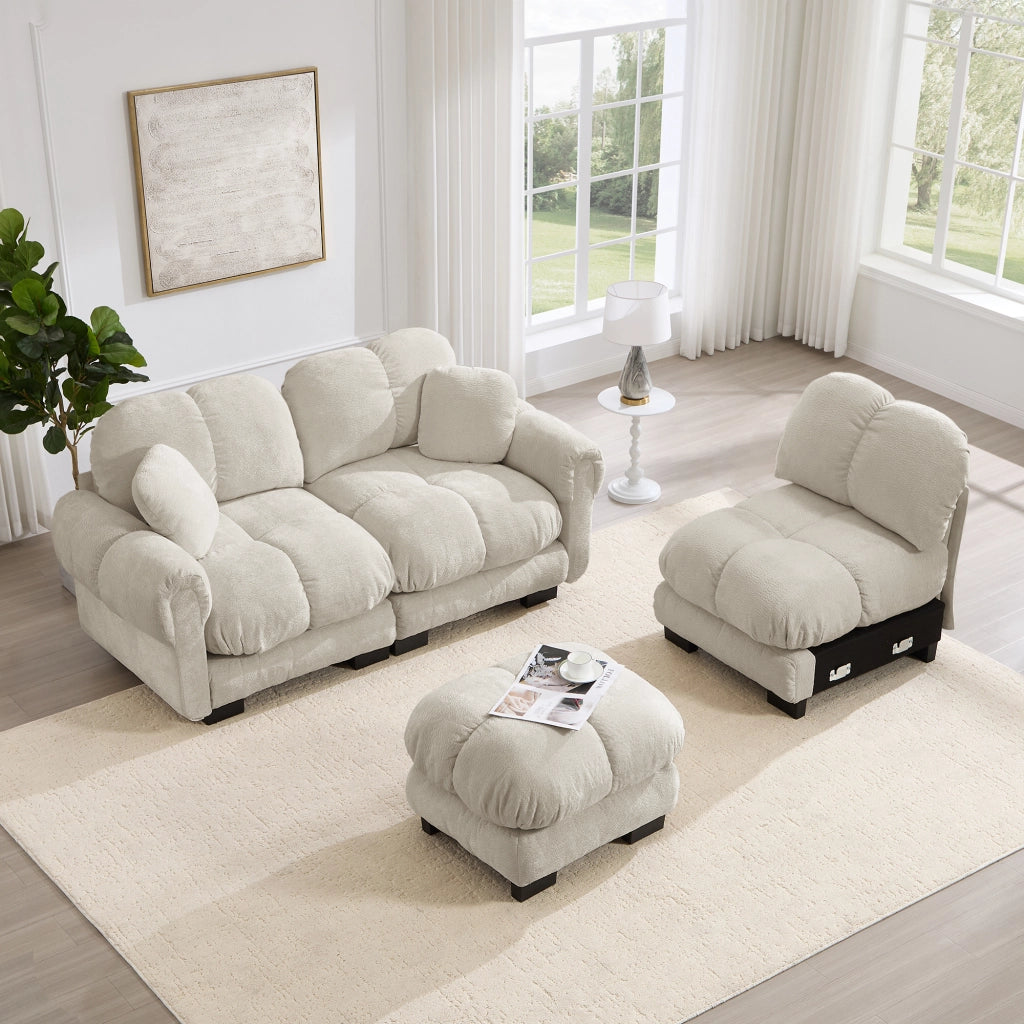 Divano ad angolo a forma di L 3 sedili effetto nuvola 260x149x90 cm; divano con pouf mobile; cuscini 2; design trapuntato; cuscini spessi; kaki chiaro