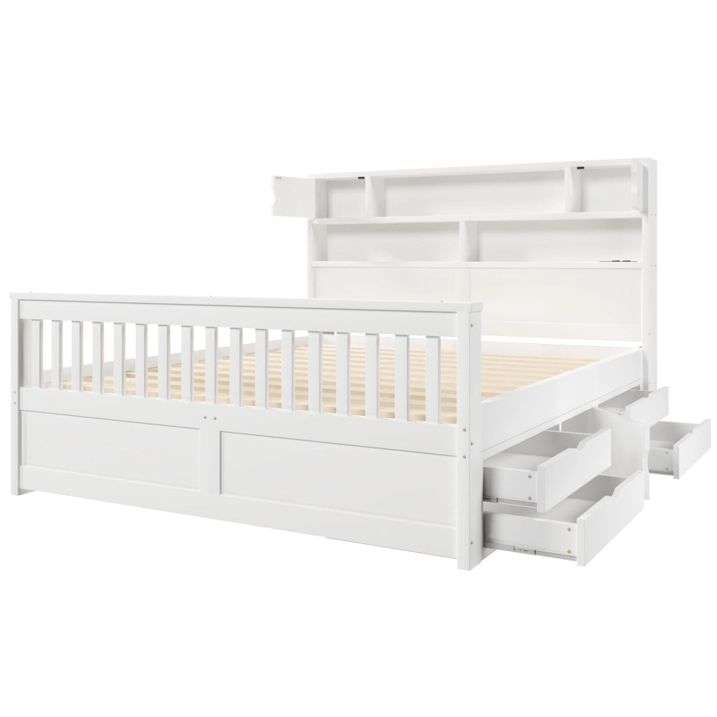 Letto matrimoniale 160x200 cm bianco con ripiani; LED; USB e 4 cassetti