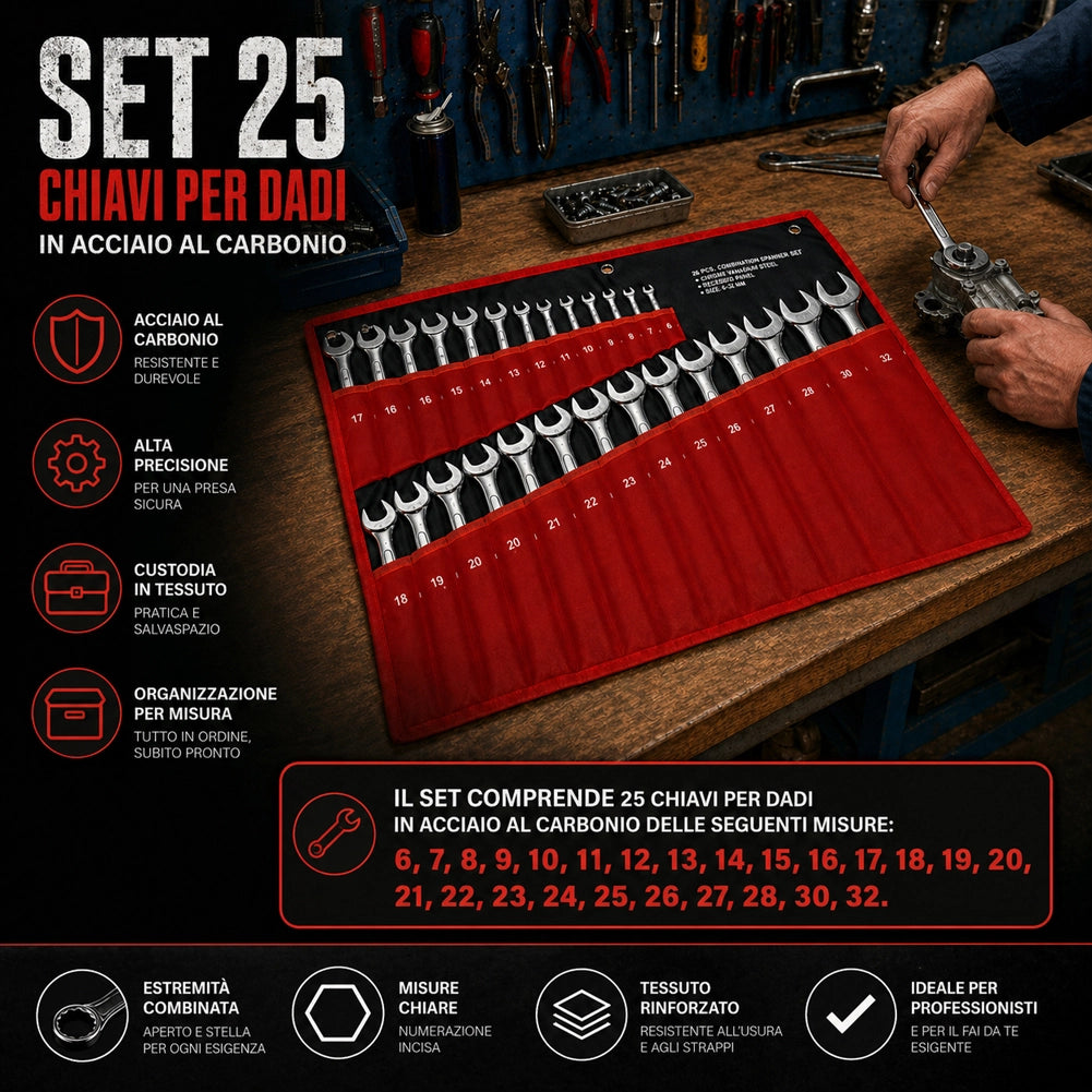 Set Chiavi Combinate 25pz Fisse e Stella 6-32mm in Acciaio Carbonio con Astuccio