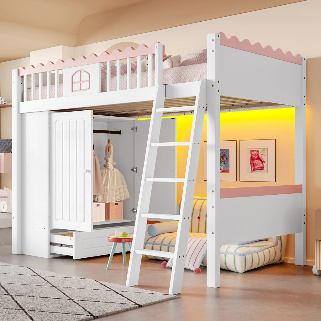 Letto a soppalco per bambini 90 × 200 cm con armadio, cassetto e illuminazione LED, senza materasso, bianco