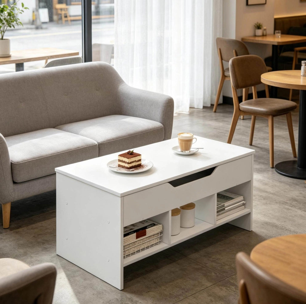Tavolino Trasformabile Multifunzionale in Legno Bianco 96x45x51 cm con Piano Ribaltabile