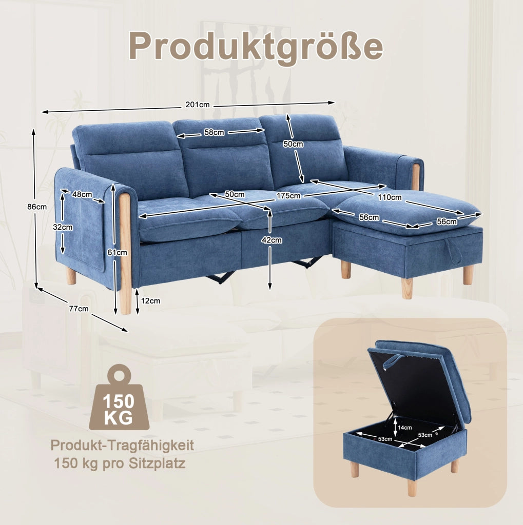 Divano a 3 posti in stile nordico con pouf contenitore, tessuto chenille blu, struttura in legno, design angolare L, ideale per soggiorni e spazi piccoli