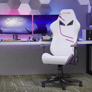 Sedia gaming ULEVR in tessuto bianco e viola con schienale reclinabile, supporto lombare e poggiatesta