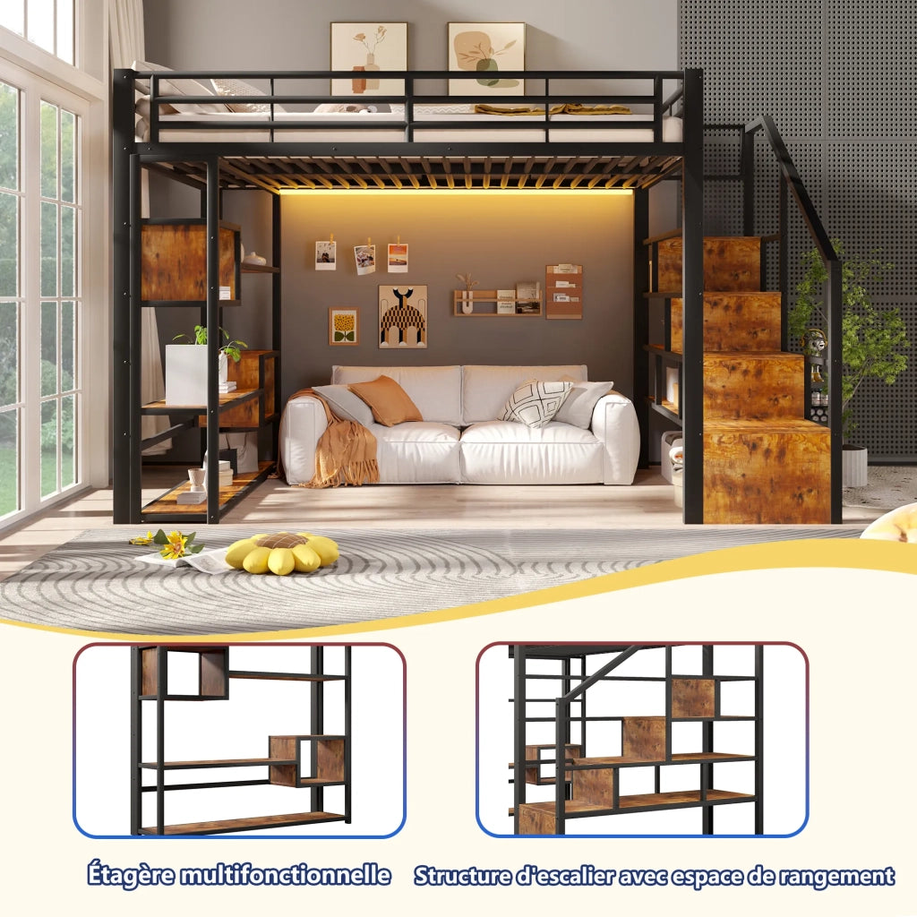 Letto a soppalco nero 140x200 cm, struttura in ferro con scale integrate, ringhiera, vano portaoggetti aperto e striscia LED. Materasso non incluso