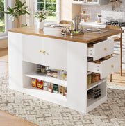 Isola cucina pieghevole bianca in MDF e metallo con ripiani e cassetti