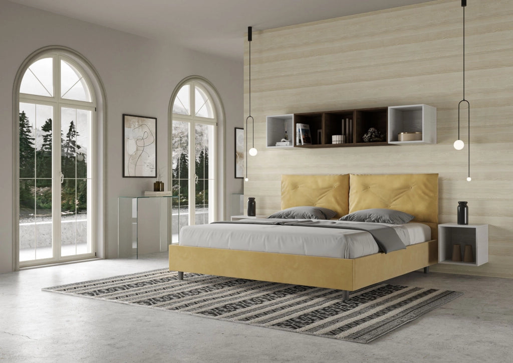 BS COM Letto matrimoniale king size contenitore imbottito 200x200 microfibra ocra