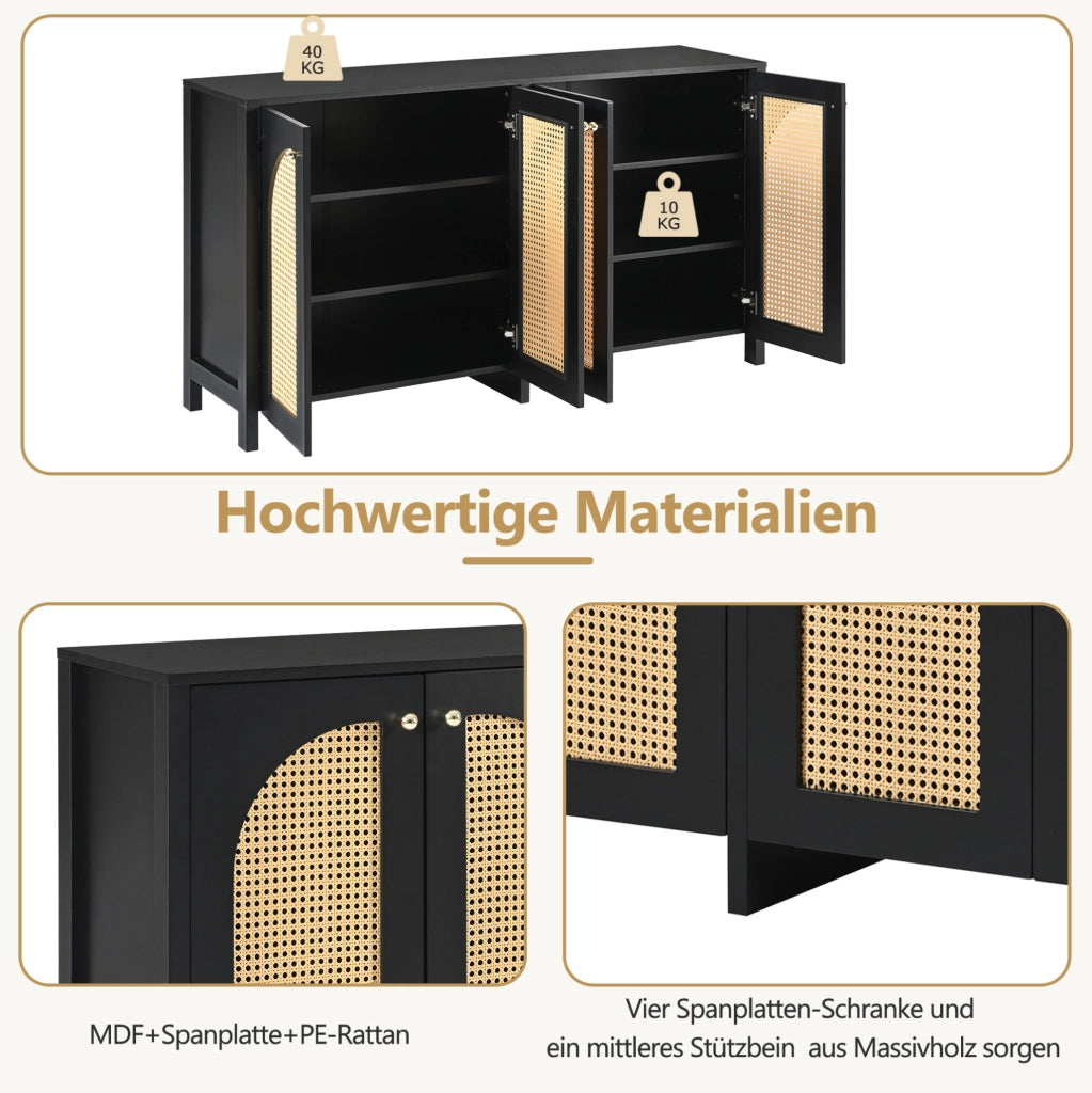 Credenza a 4 ante in rattan sintetico con ripiani regolabili; MDF e metallo; nera