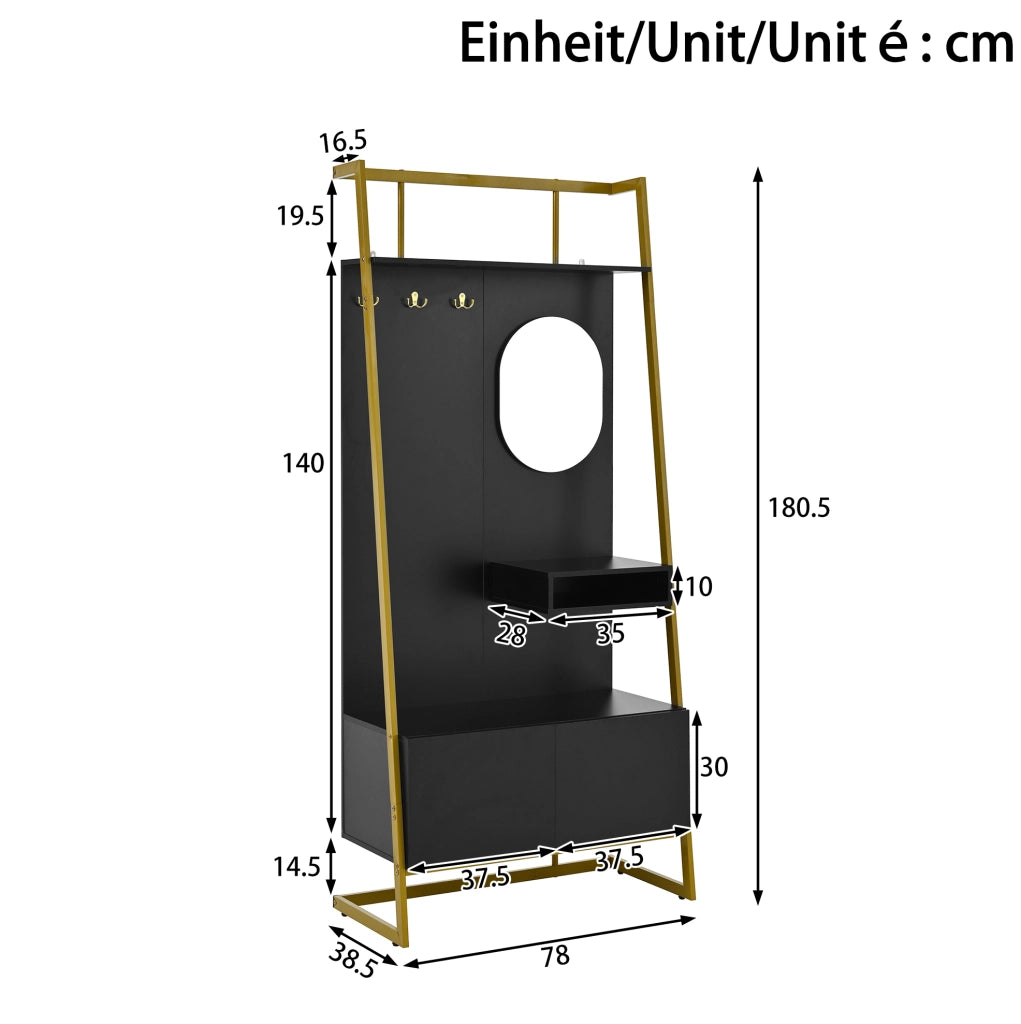 Mobile guardaroba compatto con specchio; ganci e panca portascarpe; 78 ¡Á 38.5 ¡Á 180.5 cm; nero