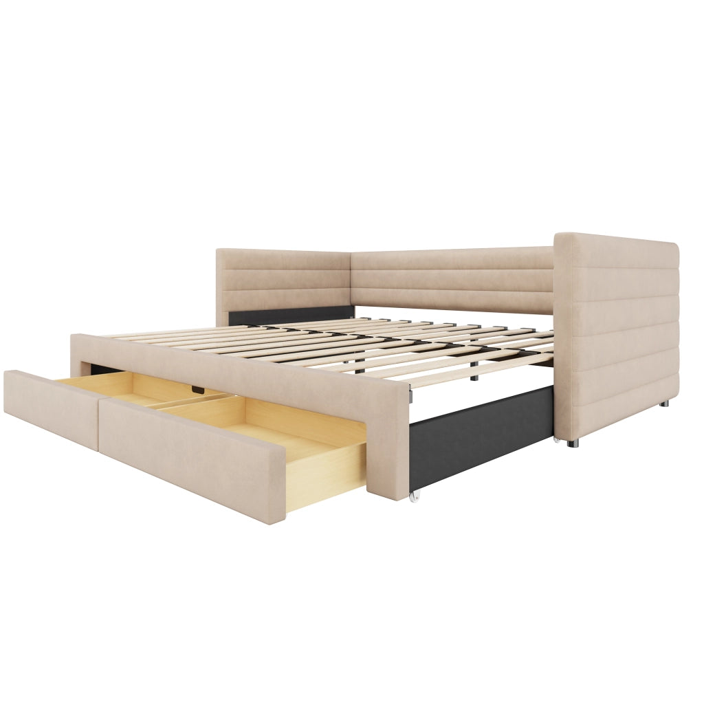 Letto estraibile 3 in 1 con due cassetti rivestito in cotone e lino beige con rete a doghe
