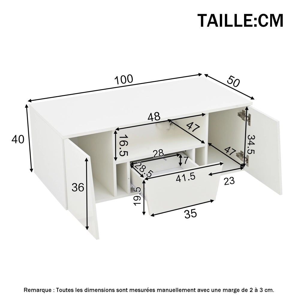 Tavolino da salotto LED con 2 ante, 1 cassetto e vano aperto, design irregolare moderno, bianco, 100 × 50 × 40 cm