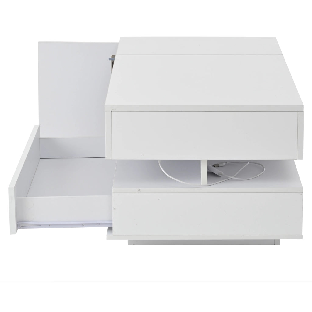 Tavolino basso alzabile per soggiorno con LED RGB; cassetto e vano chiuso; in pannello truciolare bianco lucido