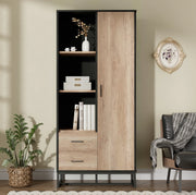 Mobile Highboard 80x40x180 cm in Legno Chiaro con Struttura Nera, 1 Porta, 2 Cassetti e 3 Ripiani Aperti