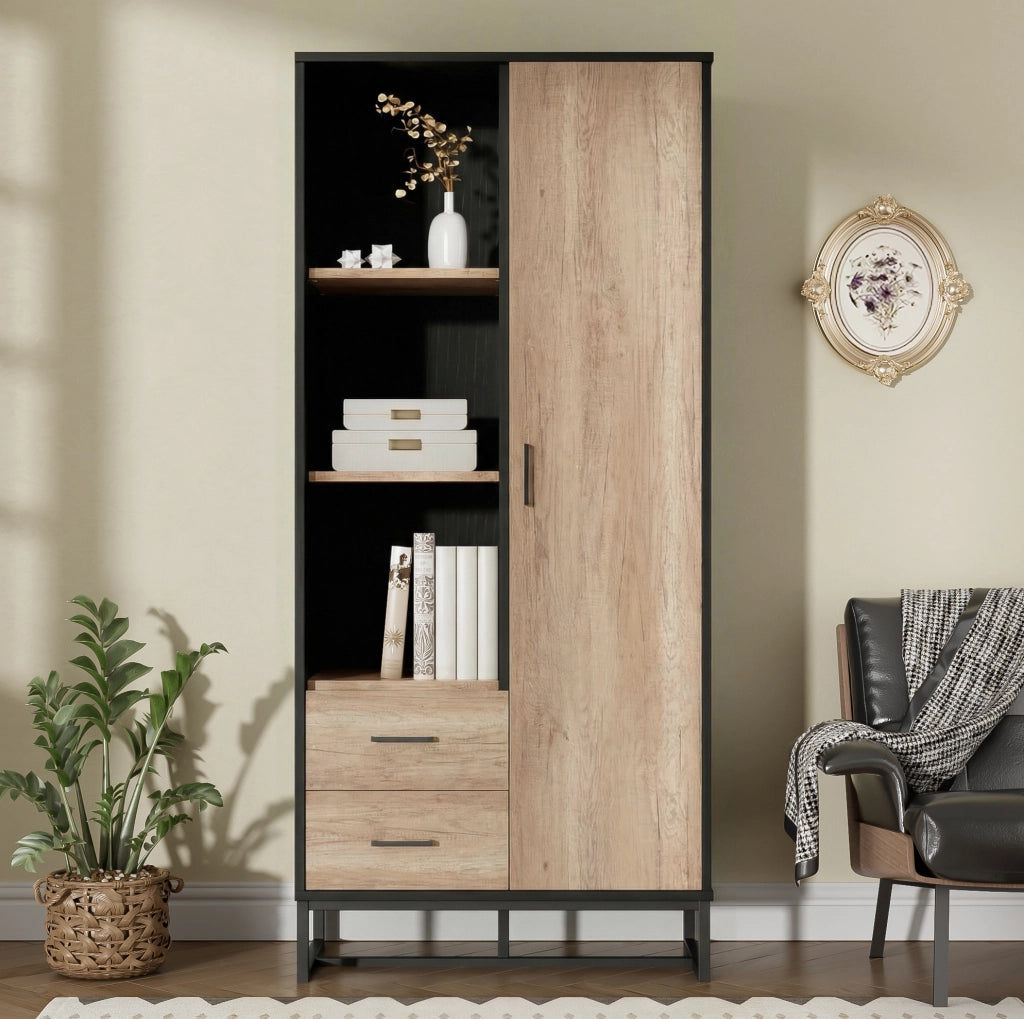 Mobile Highboard 80x40x180 cm in Legno Chiaro con Struttura Nera, 1 Porta, 2 Cassetti e 3 Ripiani Aperti