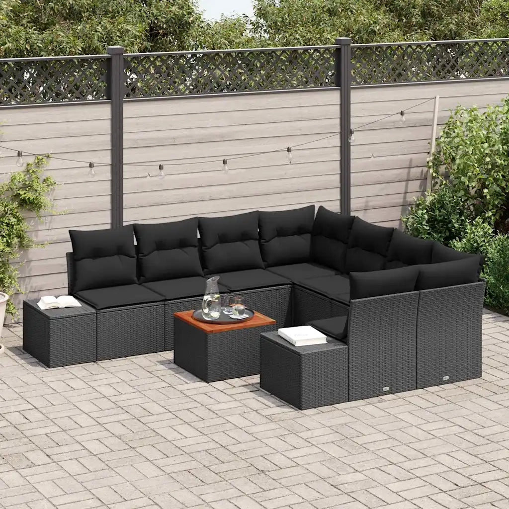 Set Divano da Giardino con cuscino 9 pcs Nero polyrattan