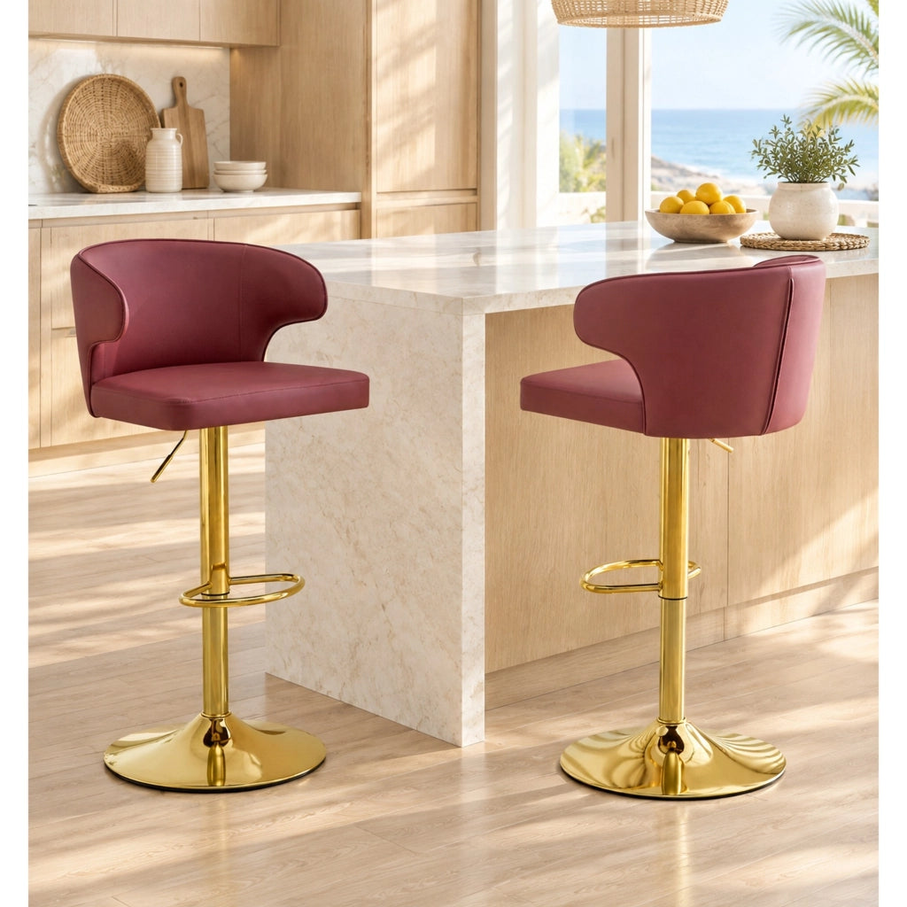 Set 2 sgabelli da bar regolabili e girevoli 360° in PU rosso con schienale HOMVRA