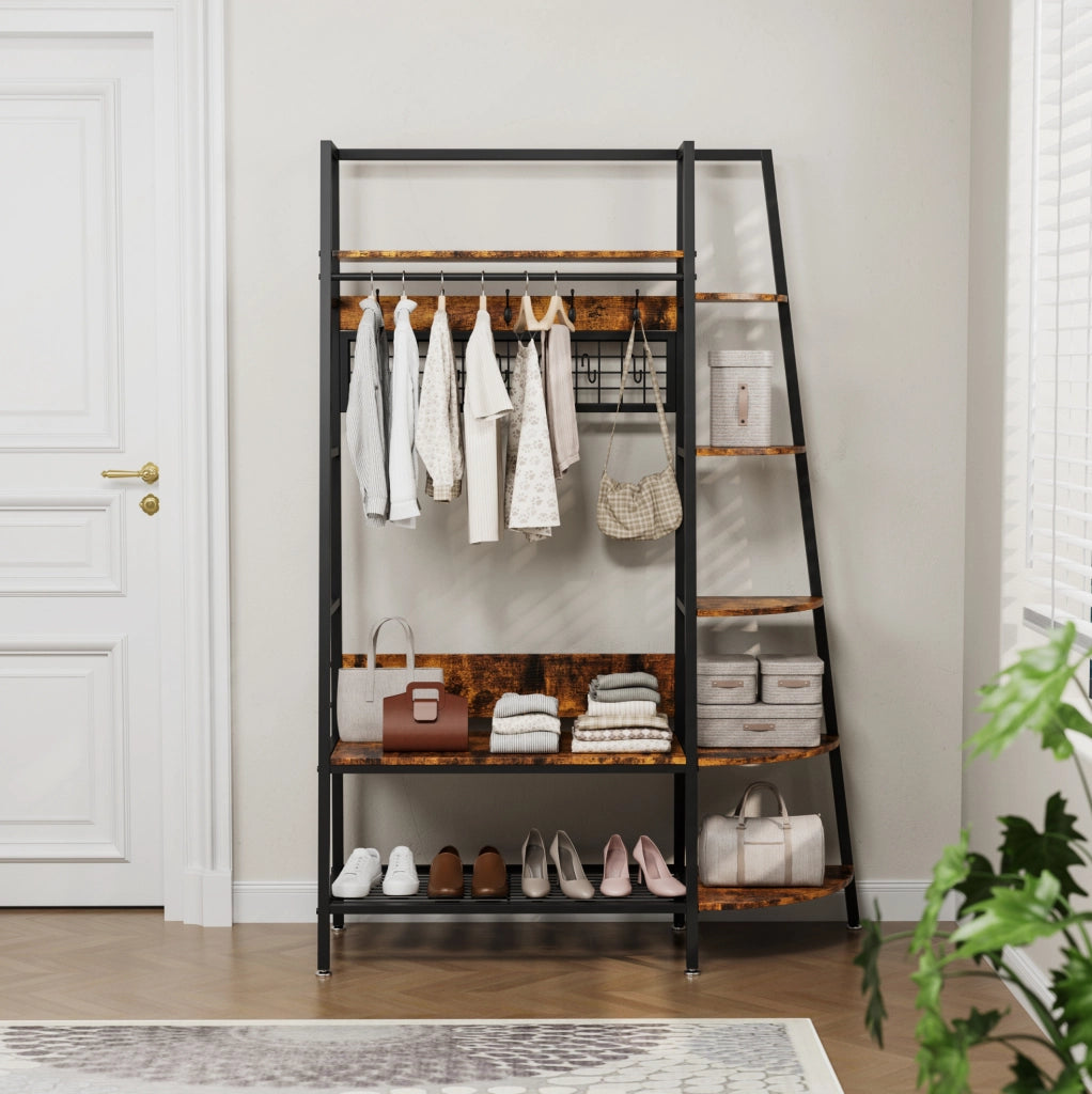 Appendiabiti Industriale Autoportante con Mensole in Legno Marrone Retro - Organizer Multiuso per Abiti e Scarpe