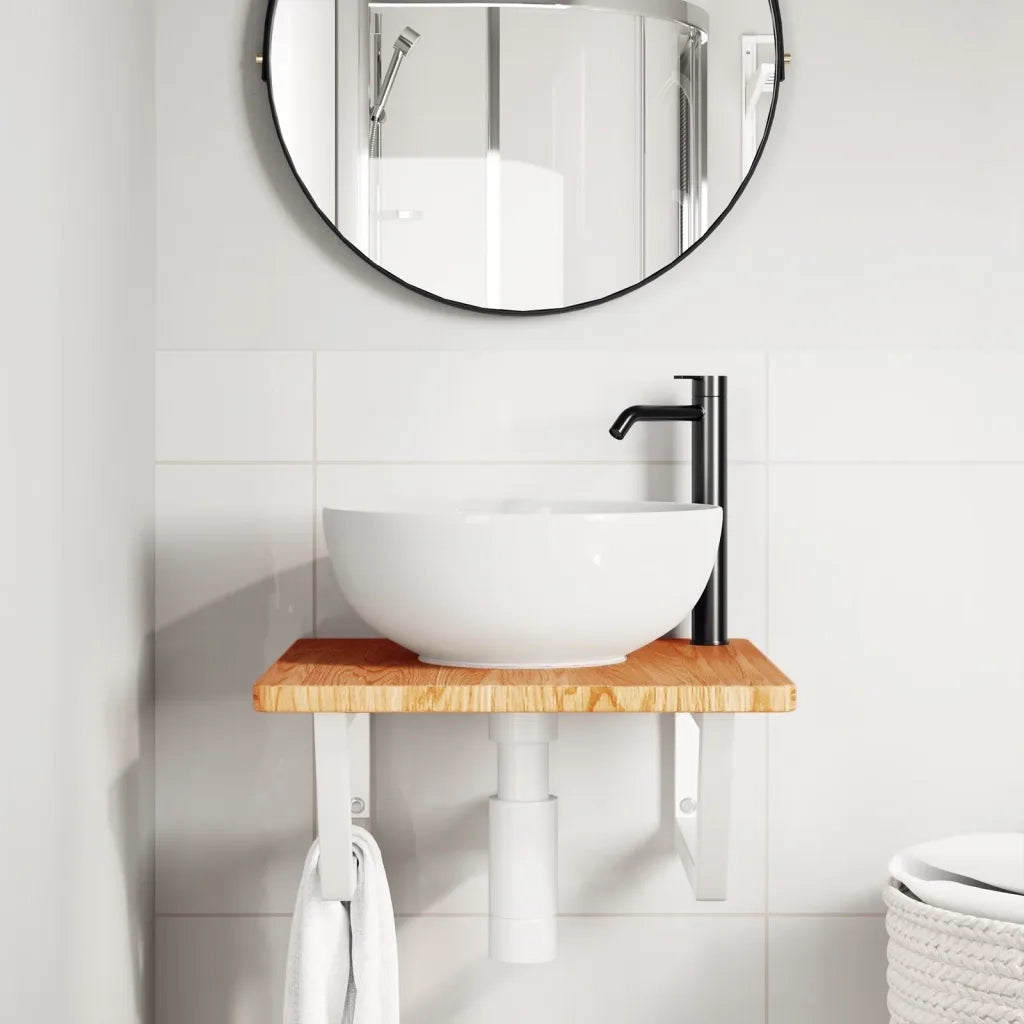 Ripiano a Parete per Lavabo in Acciaio e Massello di Rovere