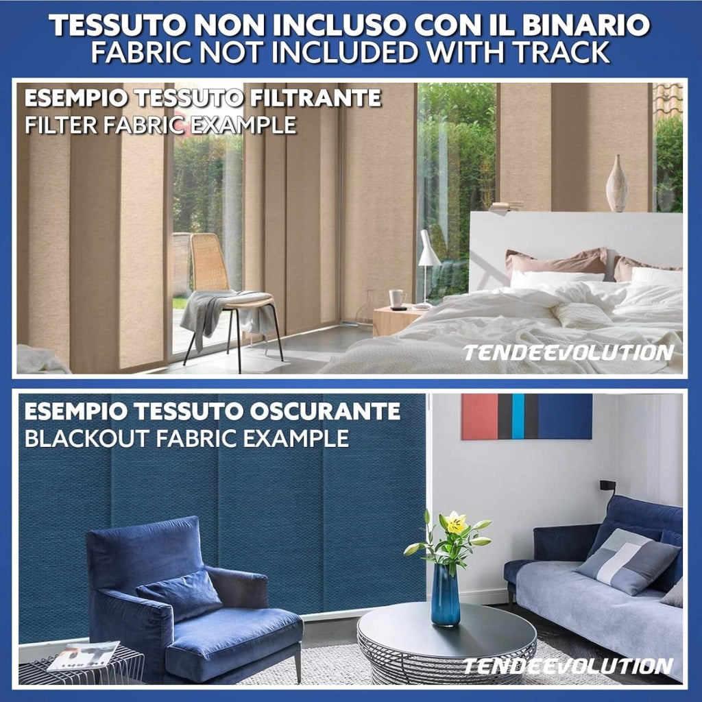 Bastone per Tende A Pannello Comando a Corda Apertura a destra, Binario a 4 vie con portapannelli da 65 CM, Attacco Parete Lunghezza 240 CM