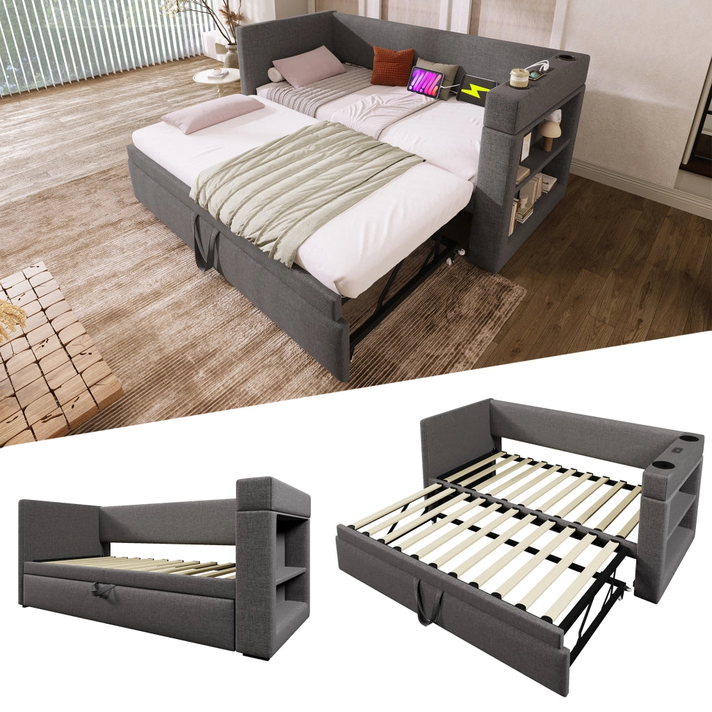 Letto con letto estraibile 90 × 190 cm con USB e Type-C portabevande braccioli reversibili cotone e lino grigio