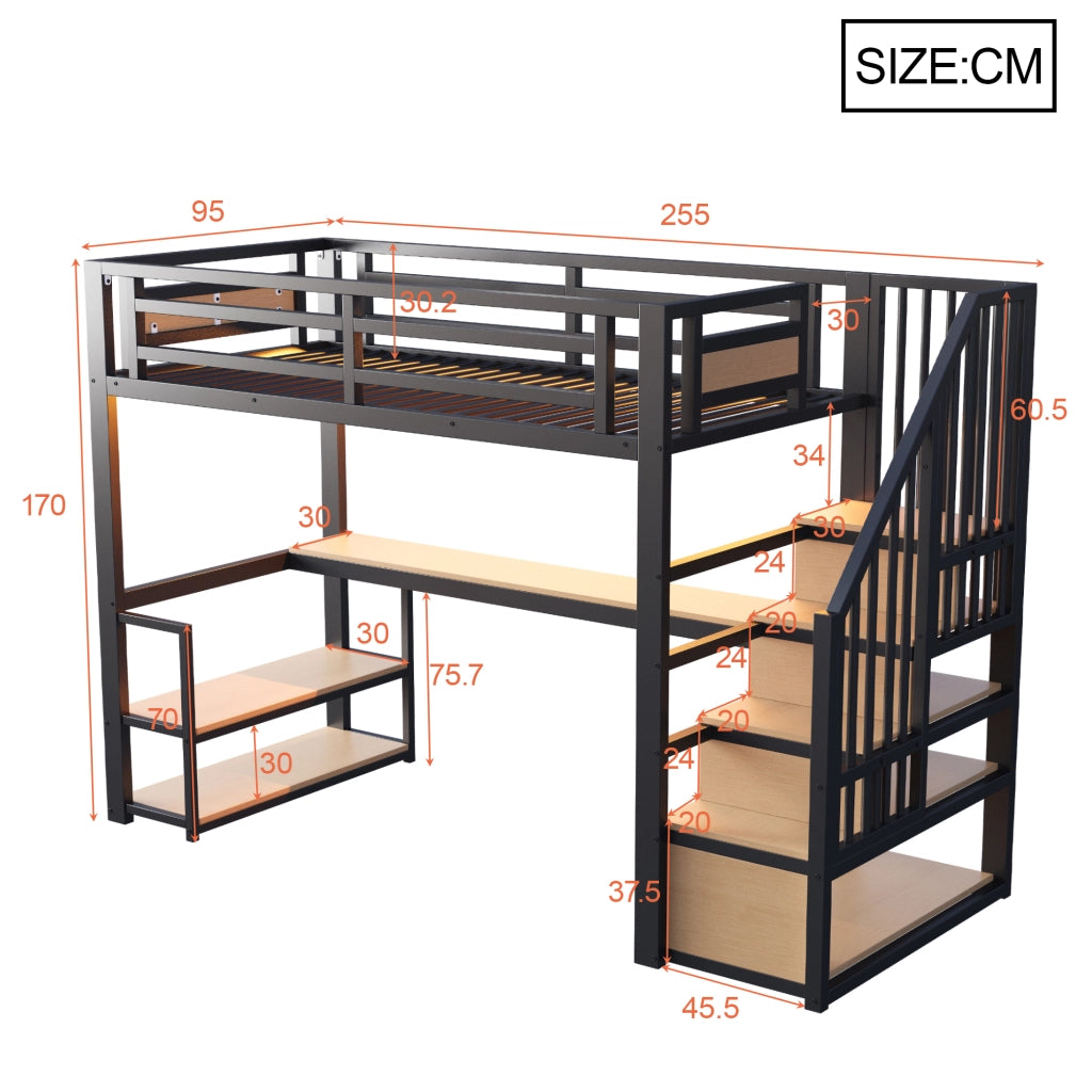 Letto a soppalco 90 × 200 cm con scrivania scaffali scala contenitore metallo e MDF nero con parapetto