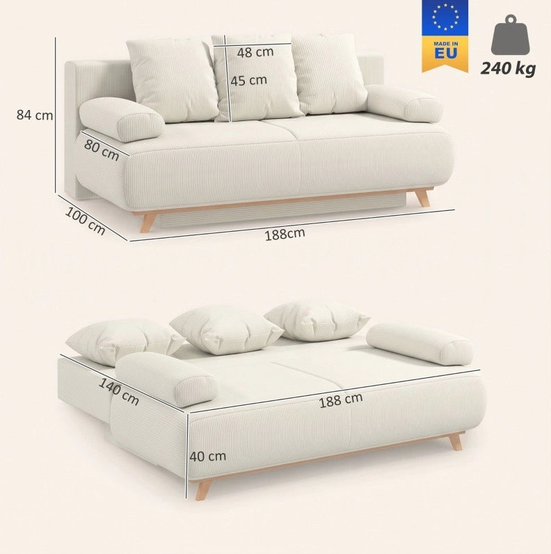 Divano letto 2 posti con schienale regolabile, funzione letto e contenitore nascosto, rivestimento in corda beige