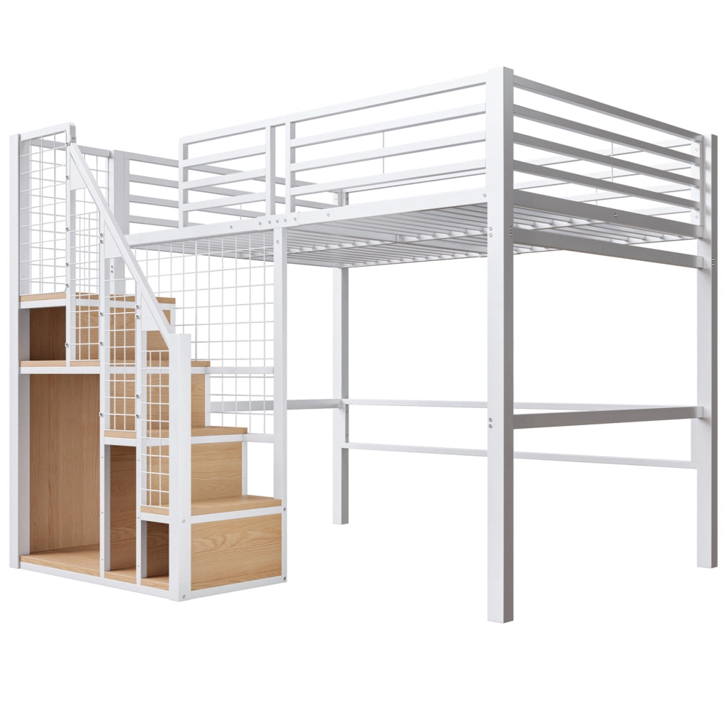 Letto a soppalco in metallo 140x200 cm con scaletta e spazio contenitivo, letto per ragazzi nero e bianco