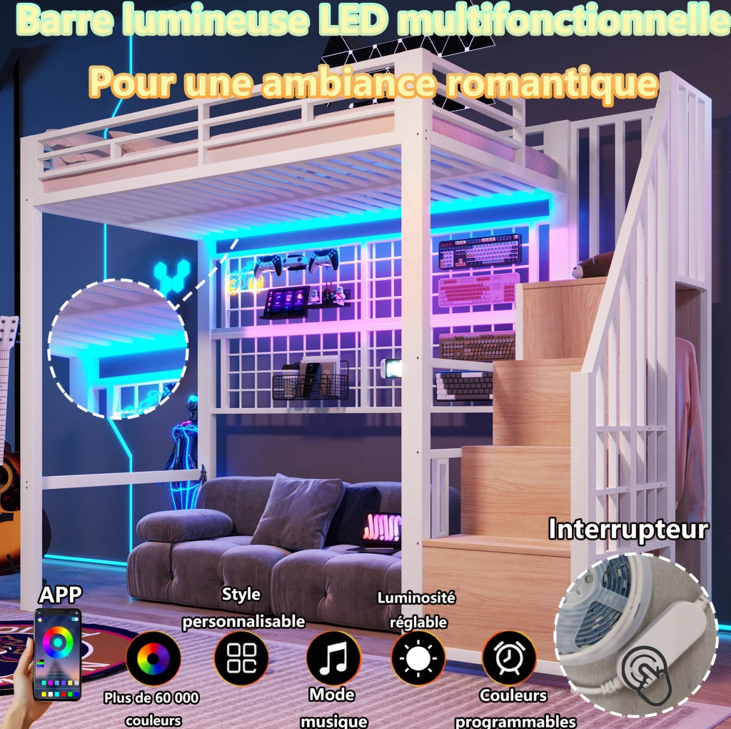 Letto a soppalco 90x200 cm con struttura in ferro, armadio con scala contenitore, griglia appendiabiti, luci LED a 7 colori, bianco, senza materasso