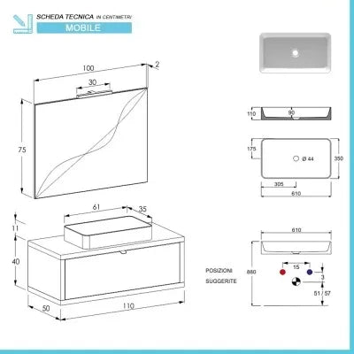Mobile bagno sospeso 110 cm rovere miele con lavabo da appoggio e specchio Master