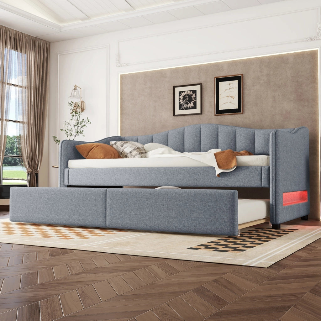 Daybed grigio in lino 90x200 cm con letto estraibile, luce LED ambiente regolabile e rete a doghe, senza materasso