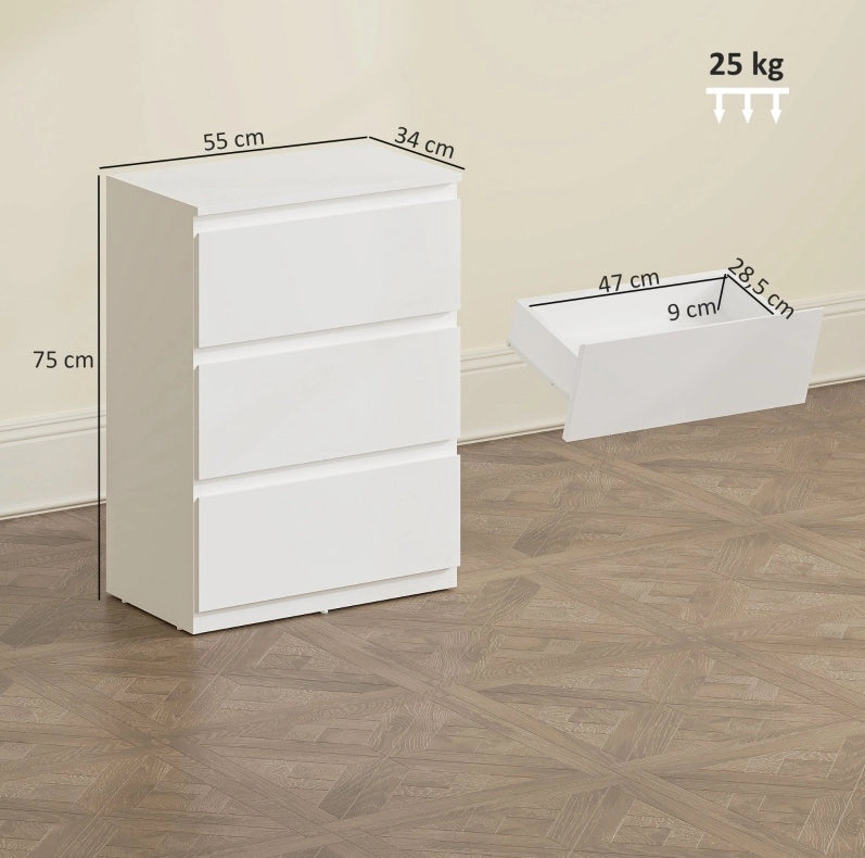 Comò bianco con 3 cassetti senza maniglie, mobile moderno per camera da letto 75x55x34 cm