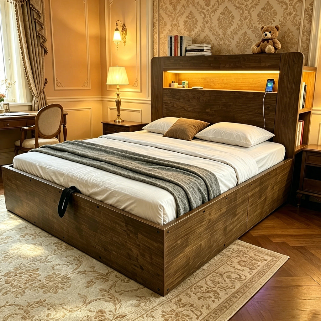 Letto contenitore 140x200 cm effetto legno vintage con testiera LED; prese e vani portaoggetti