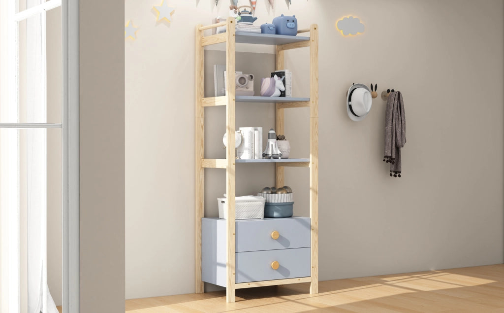 Libreria a 4 livelli con 2 cassetti blu e legno 70x45x180,5 cm