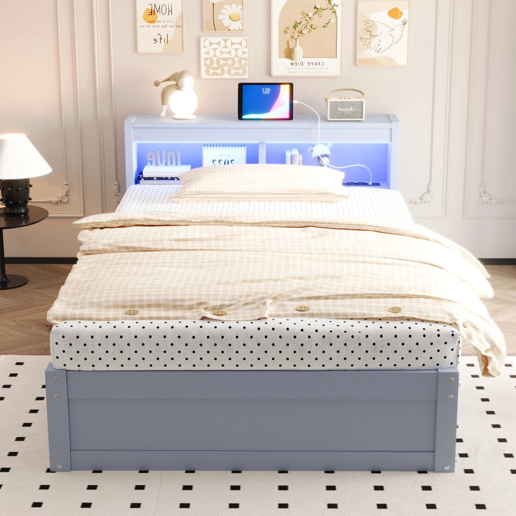 Letto singolo con contenitore 90 × 200 cm con testiera a vani; LED; presa integrata e sollevamento idraulico grigio