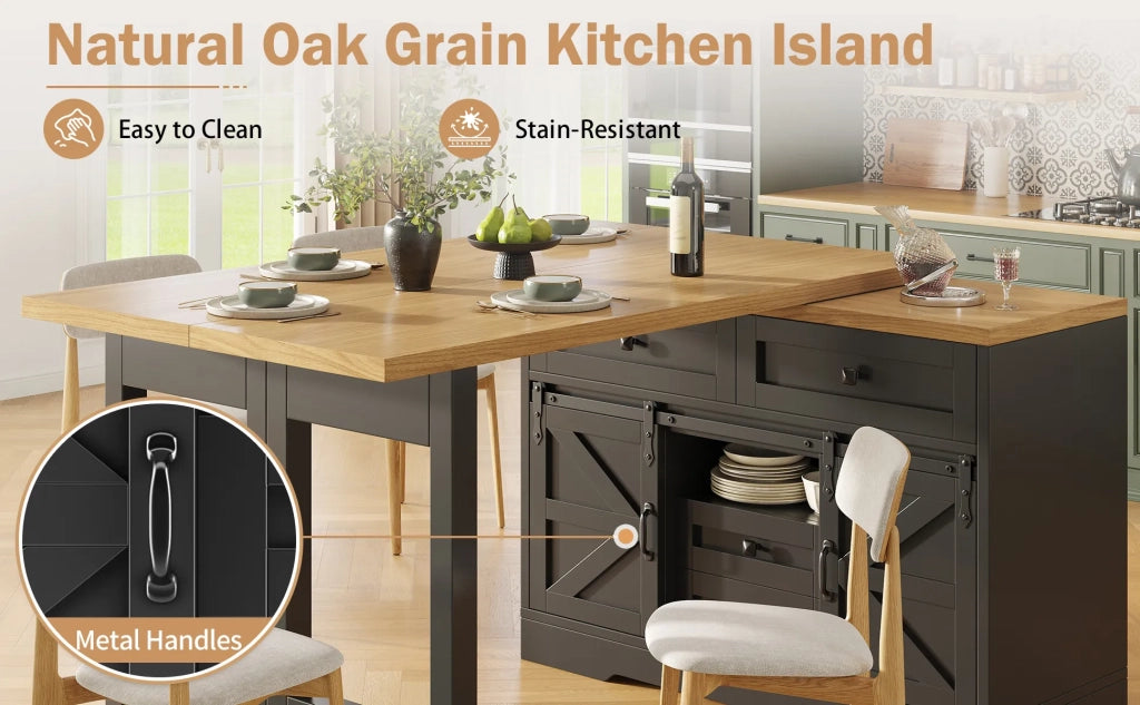 Isola Cucina Multifunzione con Tavolo da Pranzo, Armadio Laterale con Cassetti Nascosti, Pannelli Girevoli a 360°, Porta Scorrevole Stile Granaio, Design 2-in-1