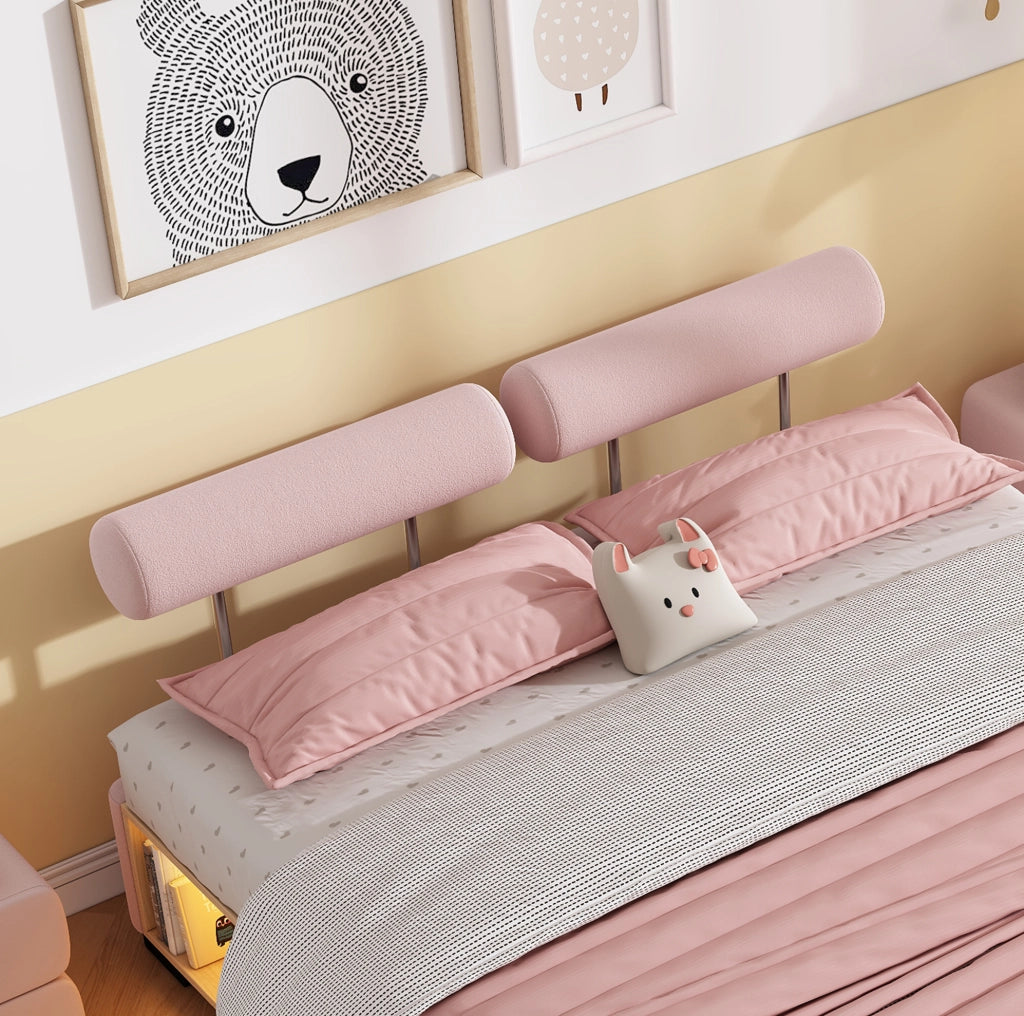 Letto imbottito rosa 140x200 cm per bambini con LED e ripiano laterale